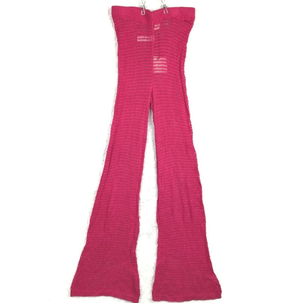 Happily Grey‎ Womens Pants Wide Leg Crochet Cover Up Fuschia Pink Sheer Knit L